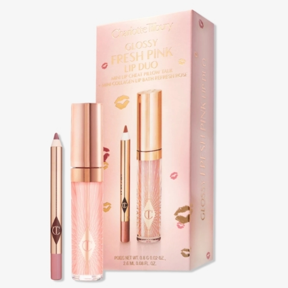 Charlotte Tilbury Glossy Nude Pink Lip Duo w/Lip Cheat & Collagen Lip Bath, NIB